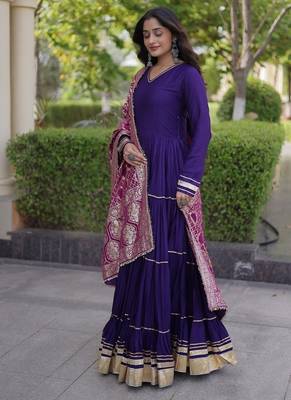 Designer reyon gown with gota patti & lumpy lace work with viscose jacquard dupatta | free size 38-44 2