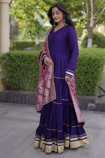 Designer reyon gown with gota patti & lumpy lace work with viscose jacquard dupatta | free size 38-44