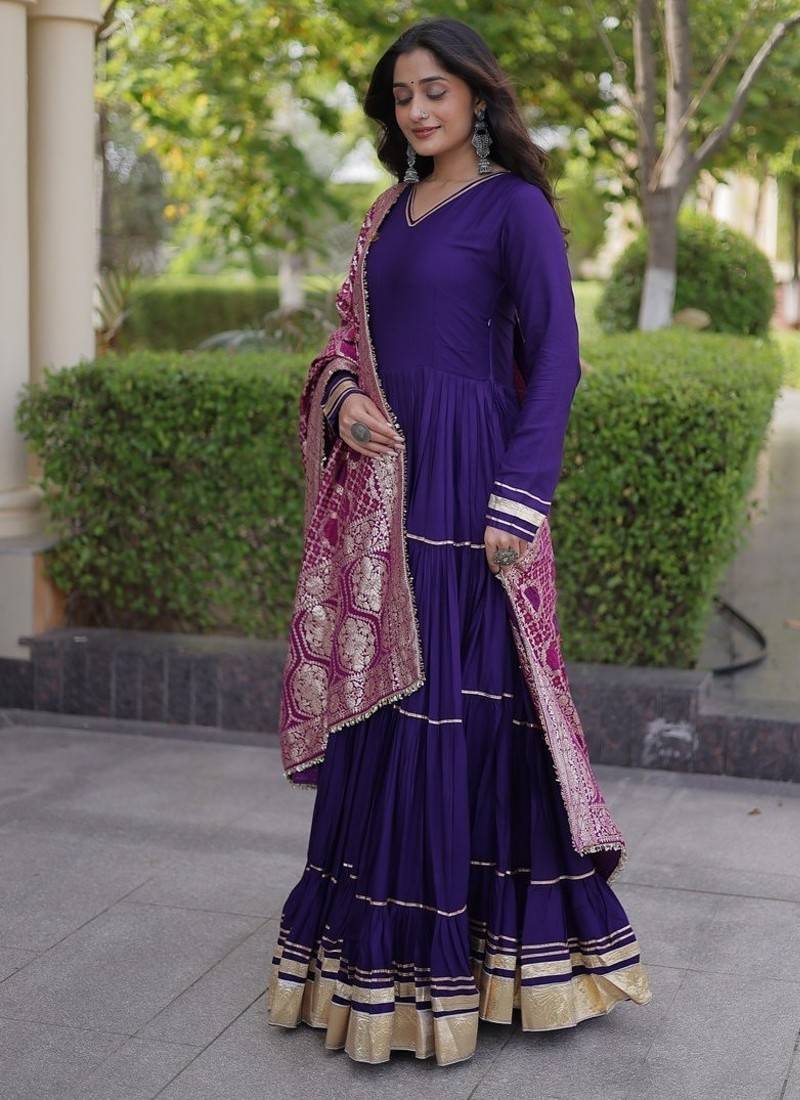 Designer reyon gown with gota patti & lumpy lace work with viscose jacquard dupatta | free size 38-44