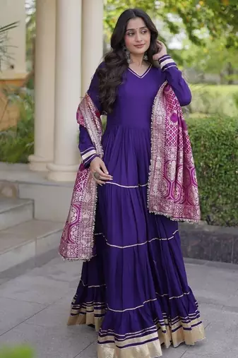 Designer reyon gown with gota patti & lumpy lace work with viscose jacquard dupatta | free size 38-44
