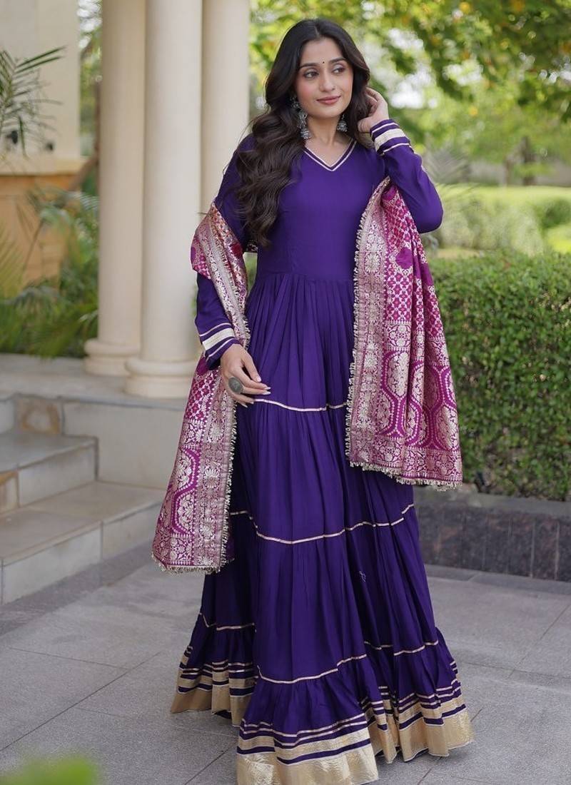 Designer reyon gown with gota patti & lumpy lace work with viscose jacquard dupatta | free size 38-44
