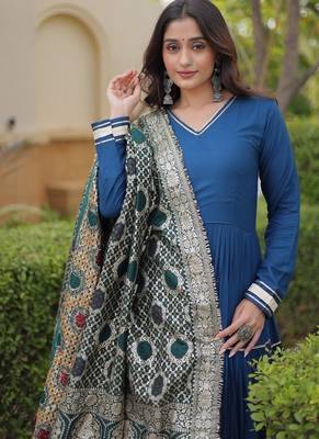 Designer reyon gown with gota patti & lumpy lace work with viscose jacquard dupatta | free size 38-44 4