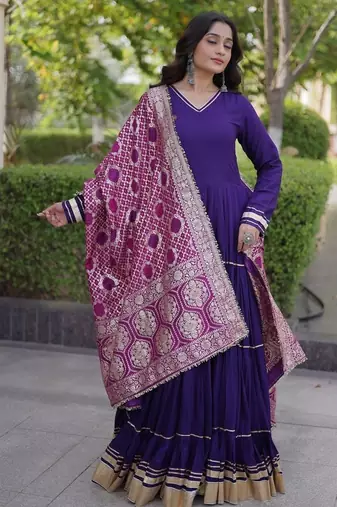 Designer reyon gown with gota patti & lumpy lace work with viscose jacquard dupatta | free size 38-44