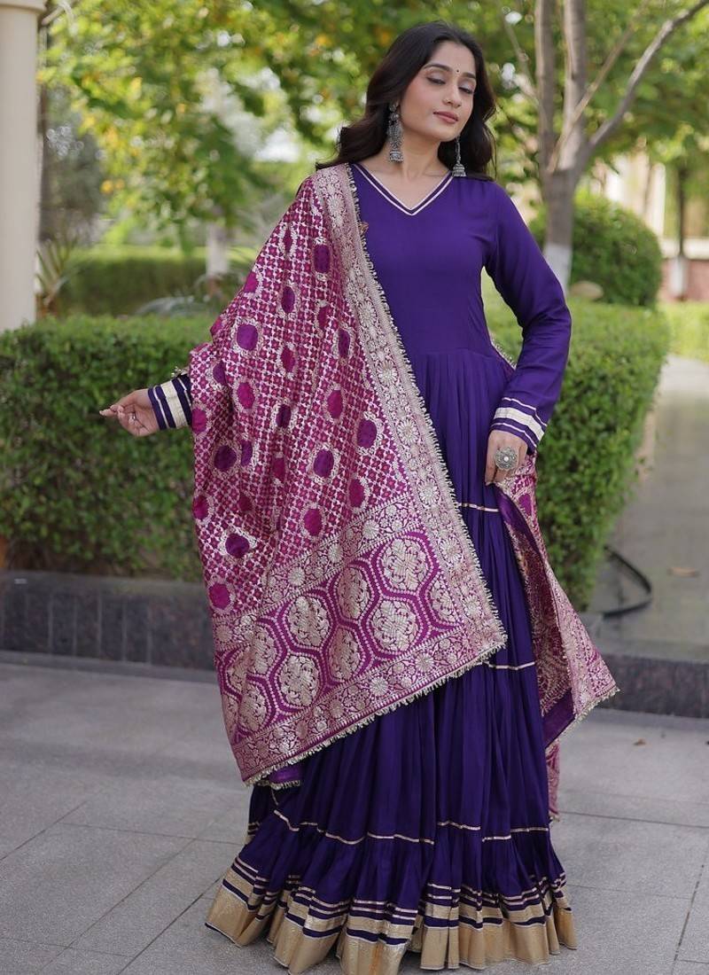 Designer reyon gown with gota patti & lumpy lace work with viscose jacquard dupatta | free size 38-44