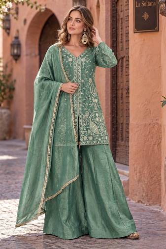 sea green silk blend readymade suit with embroidery & sequence work