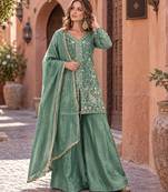 sea green silk blend readymade suit with embroidery & sequence work