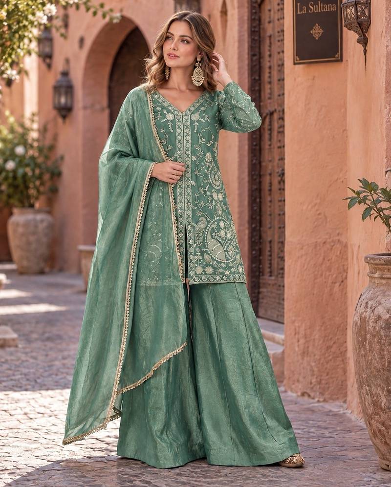 sea green silk blend readymade suit with embroidery & sequence work