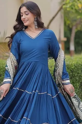Designer reyon gown with gota patti & lumpy lace work with viscose jacquard dupatta | free size 38-44