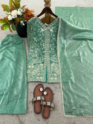sea green silk blend readymade suit with embroidery & sequence work 3