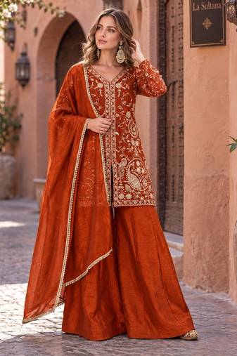 rust silk blend readymade suit with embroidery & sequence work