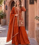 rust silk blend readymade suit with embroidery & sequence work