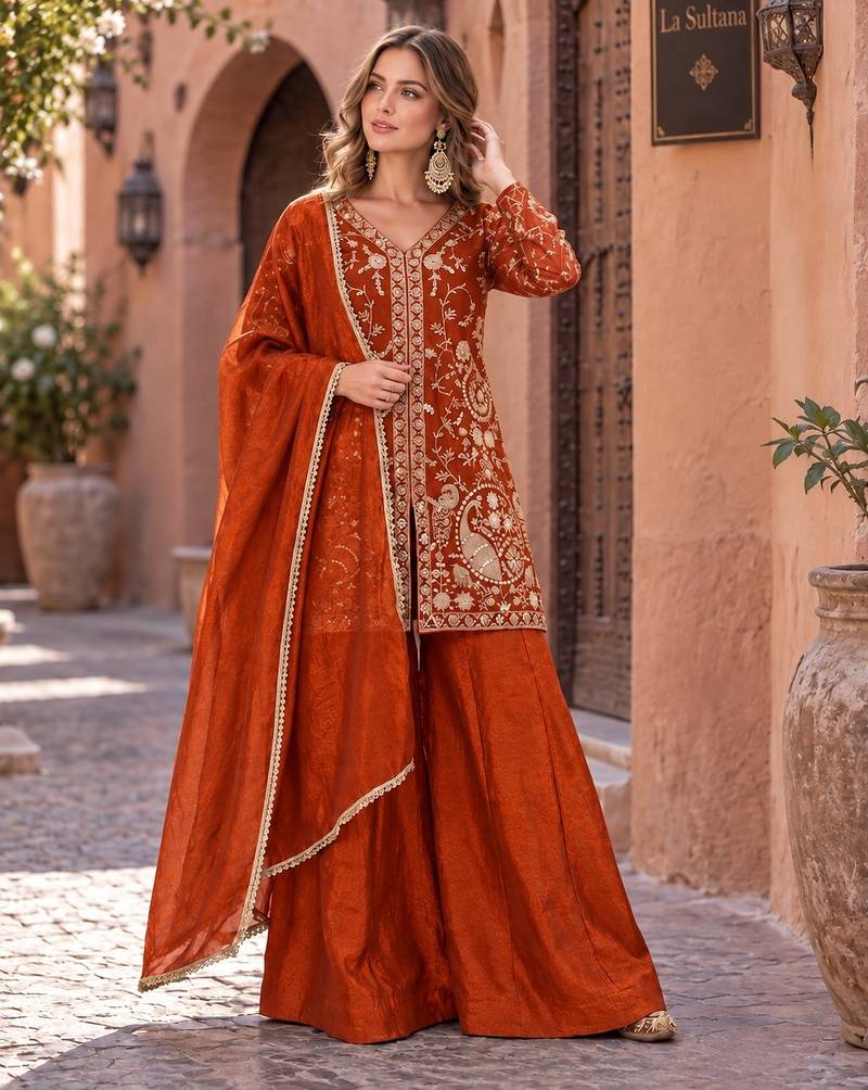 rust silk blend readymade suit with embroidery & sequence work