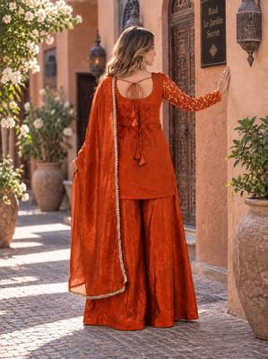 rust silk blend readymade suit with embroidery & sequence work 2