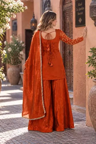 rust silk blend readymade suit with embroidery & sequence work
