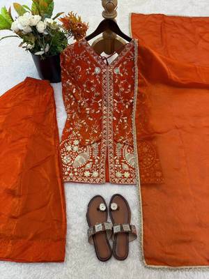 rust silk blend readymade suit with embroidery & sequence work 3