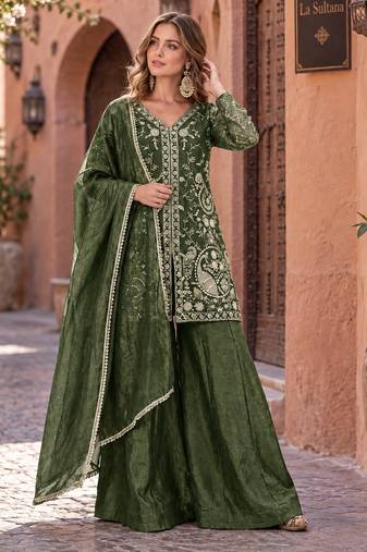 d green silk blend readymade suit with embroidery & sequence work