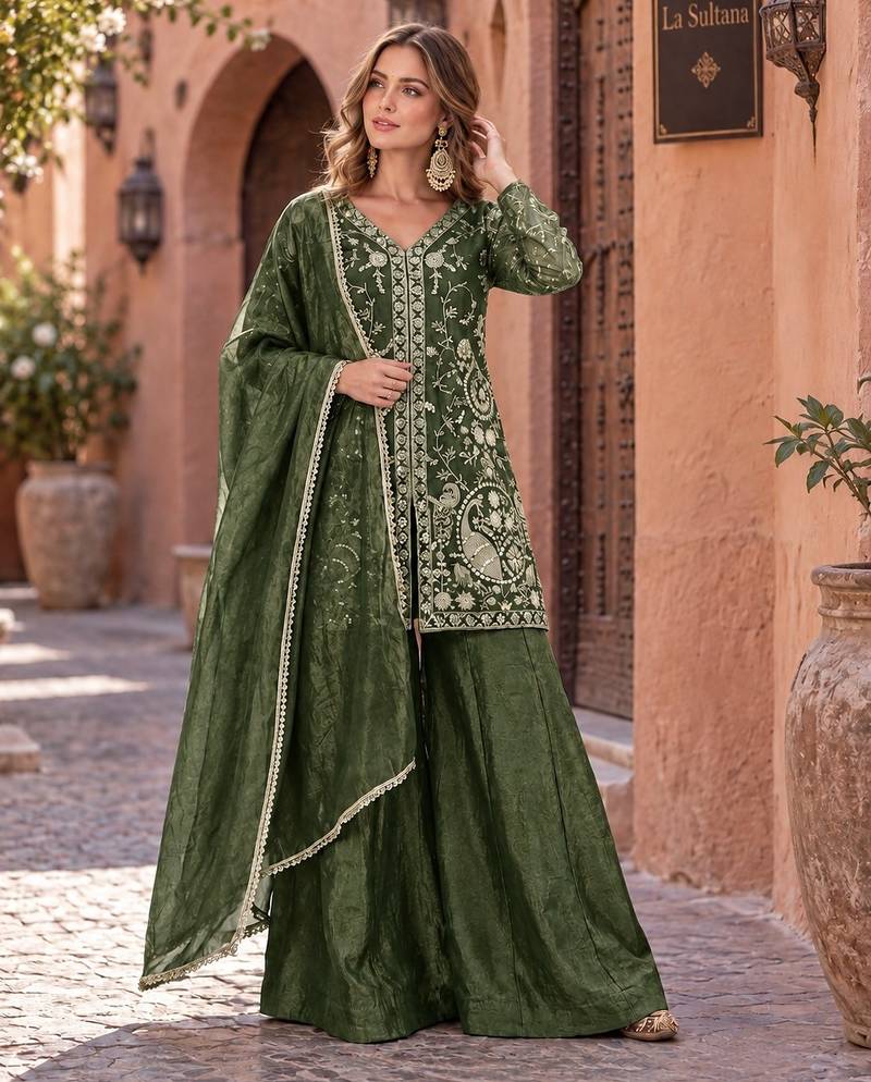 d green silk blend readymade suit with embroidery & sequence work