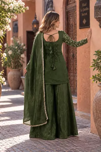 d green silk blend readymade suit with embroidery & sequence work