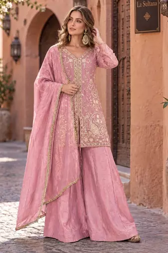 pink silk blend readymade suit with embroidery & sequence work