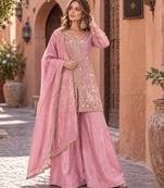 pink silk blend readymade suit with embroidery & sequence work