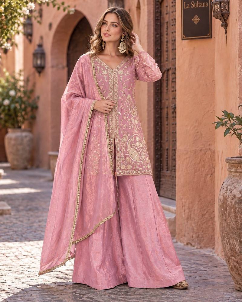 pink silk blend readymade suit with embroidery & sequence work