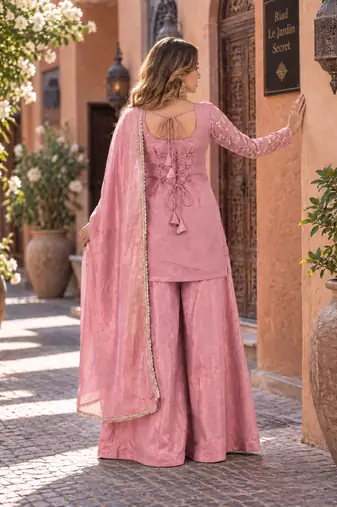 pink silk blend readymade suit with embroidery & sequence work