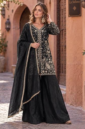 black silk blend readymade suit with embroidery & sequence work