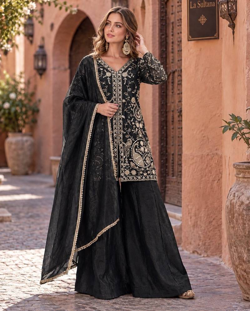 black silk blend readymade suit with embroidery & sequence work