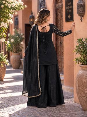 black silk blend readymade suit with embroidery & sequence work 2