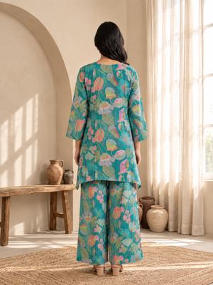 Turquoise printed silk blend co-ord set 2