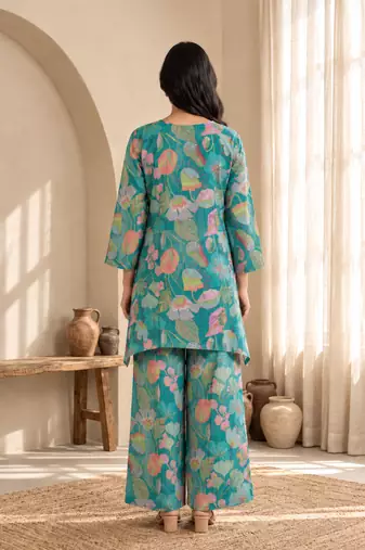 Turquoise printed silk blend co-ord set