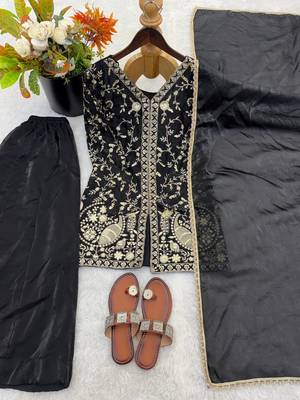 black silk blend readymade suit with embroidery & sequence work 3