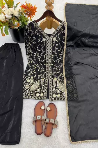 black silk blend readymade suit with embroidery & sequence work