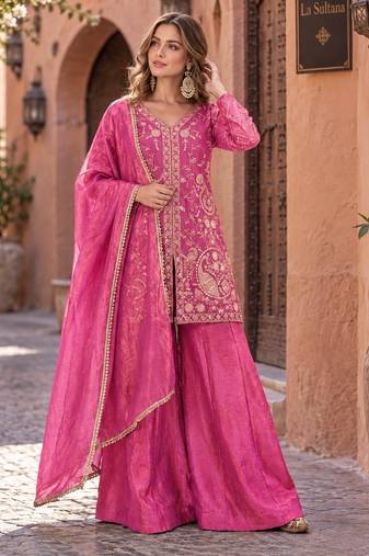 rani silk blend readymade suit with embroidery & sequence work