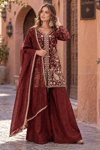 maroon silk blend readymade suit with embroidery & sequence work