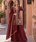 maroon silk blend readymade suit with embroidery & sequence work