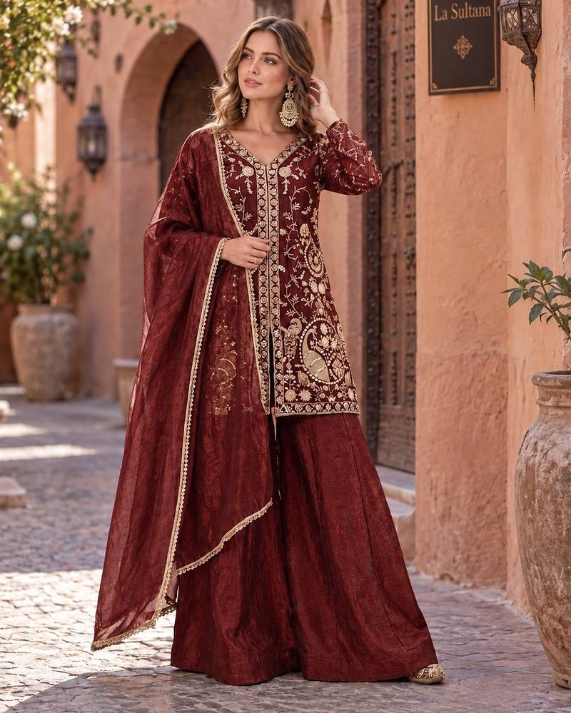 maroon silk blend readymade suit with embroidery & sequence work