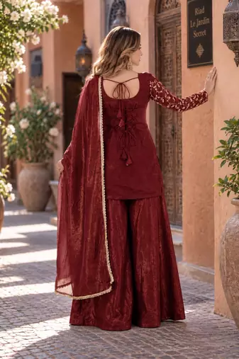 maroon silk blend readymade suit with embroidery & sequence work