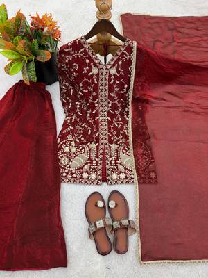 maroon silk blend readymade suit with embroidery & sequence work 3