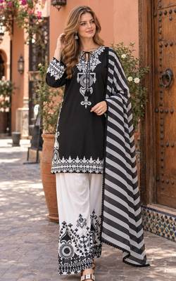 black&white crepe readymade suit with embroidery & printed work 1