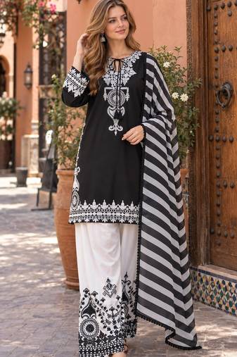 black&white crepe readymade suit with embroidery & printed work