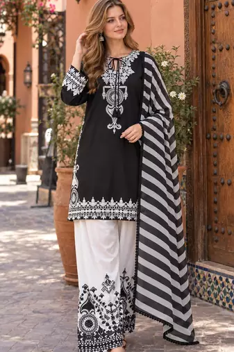 black&white crepe readymade suit with embroidery & printed work