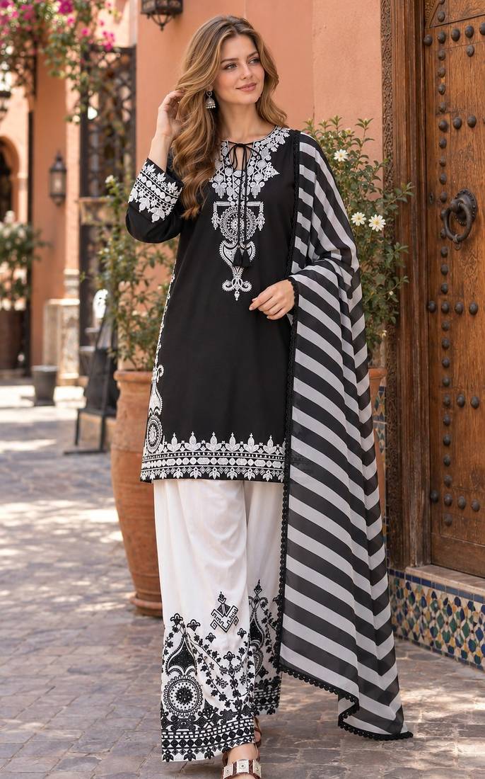 black&white crepe readymade suit with embroidery & printed work