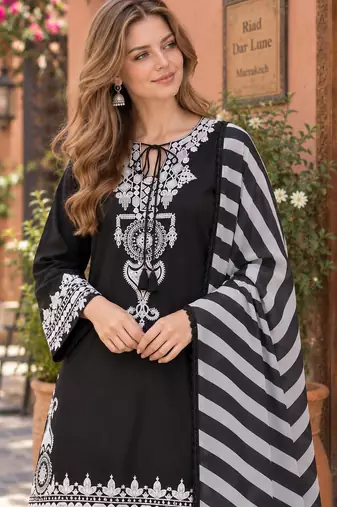 black&white crepe readymade suit with embroidery & printed work