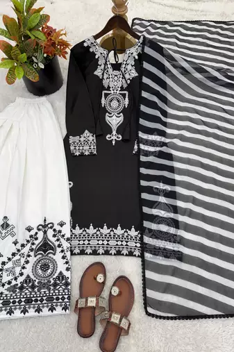 black&white crepe readymade suit with embroidery & printed work