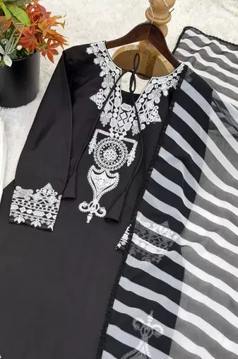 black&white crepe readymade suit with embroidery & printed work