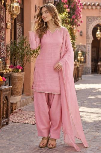 pink soft silk blend readymade suit with lace work