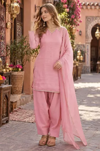 pink soft silk blend readymade suit with lace work