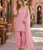 pink soft silk blend readymade suit with lace work