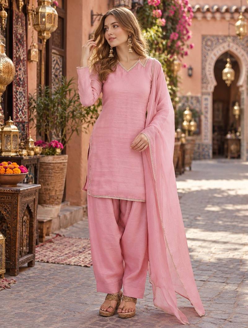 pink soft silk blend readymade suit with lace work